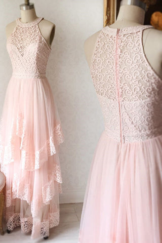 Princess Pink Lace Long Prom Dresses Bridesmaid Dresses OKK96