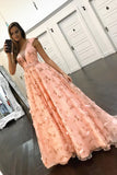 Princess A Line Floral Pink Cap Sleeves Long Prom Dresses OKK97