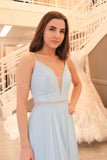 Gorgeous Straps Light Sky Blue Chiffon A Line Long Prom Dresses OK984