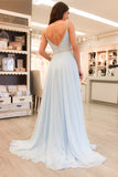 Gorgeous Straps Light Sky Blue Chiffon A Line Long Prom Dresses OK984