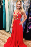 Pretty Red White Chiffon Long Floral Prom Dresses with Side Slit OK964