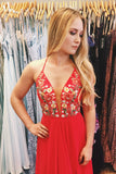 Pretty Red White Chiffon Long Floral Prom Dresses with Side Slit OK964