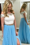 Two Pieces Off the Shoulder Pink Blue Long Lace Beading Prom Dress with Side Slit OK968