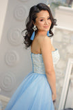 Princess Strapless Sky Blue Long Tulle A Line Prom Dresses with White Lace OK950