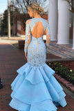 Elegant Long Sleeves Mermaid Blue Lace Layered Prom Dresses with Open Back OKA36