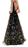 Princess Black Floral V Neck A Line Long Prom Dresses,Graduation Dresses OK976