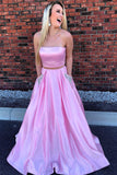 Strapless 2 Pieces Pink Long Beaded Prom Dress with Pockets OKL5
