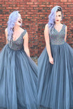Luxurious A-line V Neck Sleeveless Grey Tulle Beading Long Prom Dresses OK982