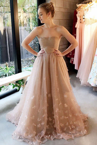 Strapless Light Brown Tulle Appliques Long Elegant Prom Dresses OKL7