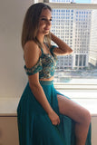 Two Piece Turquoise Cold Sleeves Split Long Beading Prom Dresses OKK88