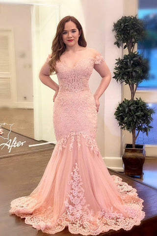Off the Shoulder Pink Appliques Mermaid Long Plus Size Prom Dresses OKK95