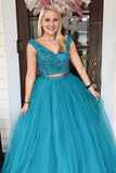 Two Piece Turquoise Beaded A Line Tulle Prom Dresses OKL2