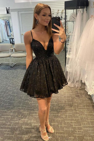 Black Sequins Lace Short A-line Homecoming Dress Spaghetti Straps Party Dress OKX64