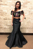 Mermaid Two Piece Embroidery Black Long Prom Dresses OKL6