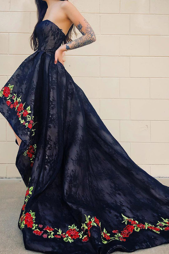 Strapless Embroidery Floral Hi-Low Black Prom Dresses with Train OKK85