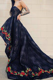 Strapless Embroidery Floral Hi-Low Black Prom Dresses with Train OKK85