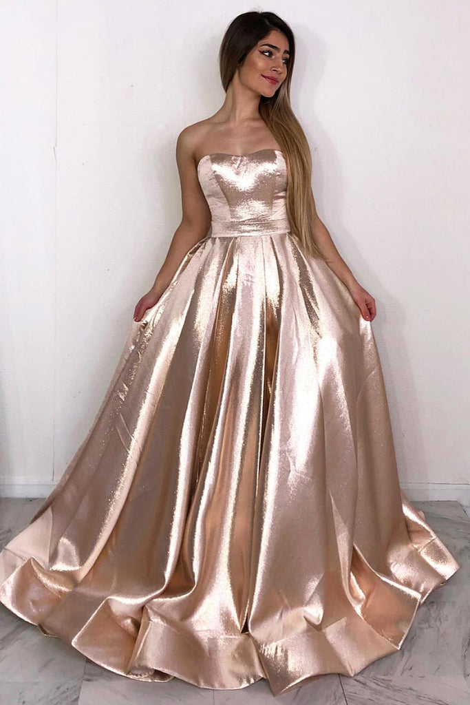 Strapless Rose Gold A Line Long Simple Prom Dresses OKK86
