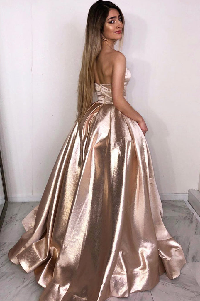 Strapless Rose Gold A Line Long Simple Prom Dresses OKK86
