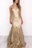 Sexy Mermaid Illusion Neck Ruffles Gold Long Prom Dresses OKL8