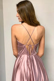 A Line Pink Spaghetti Straps Long Split Prom Dress With Pockets OKK35