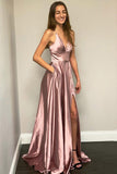 A Line Pink Spaghetti Straps Long Split Prom Dress With Pockets OKK35
