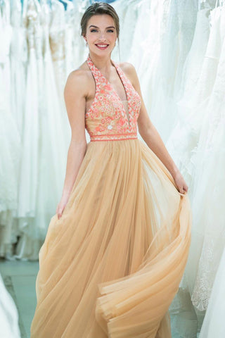 Stunning A Line Gold Halter Long Tulle Prom Dress With Beads OKK36