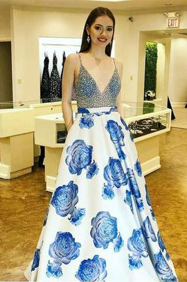 Classy Spaghetti Straps Beading Floral Print Prom Dresses OKL97