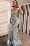 Elegant Mermaid Silver Lace Long Prom Dress Spaghetti Straps Evening Party Dress OK1637