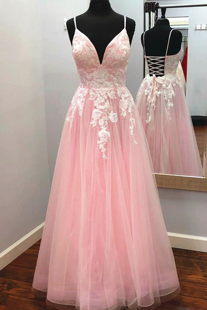 V-neck A Line Tulle Long Prom Dress Long with Appliques and Beading OK1603