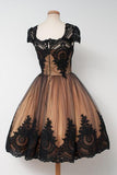 Vintage Black Applique Cap Sleeves Homecoming Dress,Tulle Pretty Cheap Short Prom Dresses OK355