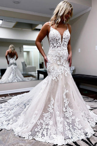 Mermaid V Neck Lace Wedding Dress with Appliques N111