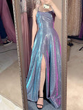 Long A-line Prom Dress with Pockets Formal Evening Ball Gowns Side Slit Glitter Party Dress OKY42