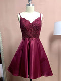 Burgundy Satin A-line Short Homecoming Dress with Pockets for Juniors Graduation V Neck Party Gown OKY52