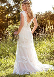 Bohemian A Line V Neck Lace Bridal Gown Simple Beach Wedding Dress OKK37