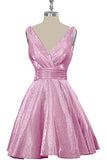 Pink Sequins Short Homecoming Dress A Line V Neck Graduation Dress Party Gowns OKY51