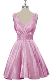 Pink Sequins Short Homecoming Dress A-line V Neck Graduation Dress Party Gown OKY51