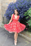 Red V Neck  A Line Tulle Lace Short Homecoming Dresses OKP34