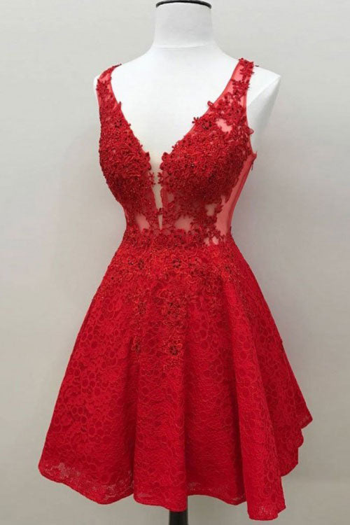 Custom Red Lace V Neck A Line Short Homecoming Dress OKO61