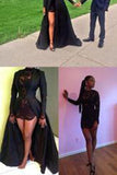Vintage Long Sleeve Sexy Black A Line Lace Satin Prom Dresses OKE16