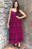 Elegant A-line Spaghetti Straps Layers Long Prom Dress OKT51