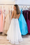 White V neck Tulle Sequina Long Prom Dresses A Line Evening Dress OKQ50