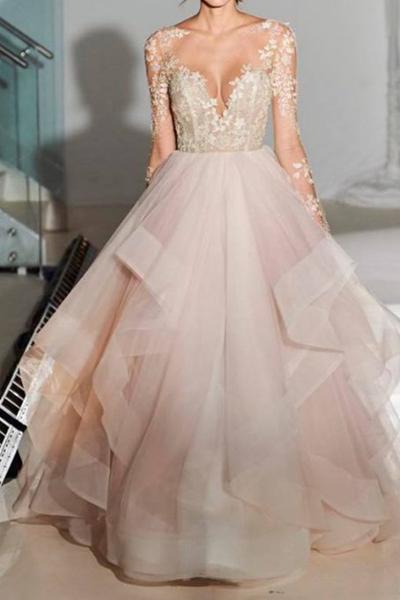 Elegant A-Line Long Sleeves Tulle Backless Pink Wedding Dress With Appliques OK543