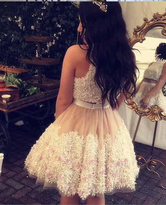 Cute Tull Flower Lace Appliques Short Prom Dresses,Two Pieces Homecoming Dresses OK464