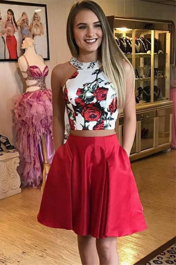 Two Pieces Red Floral Homecoming Dress With Pockets OKL80