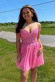 A Line Hot Pink Lace Appliques School Party Dress Short Homecoming Dress OK1601
