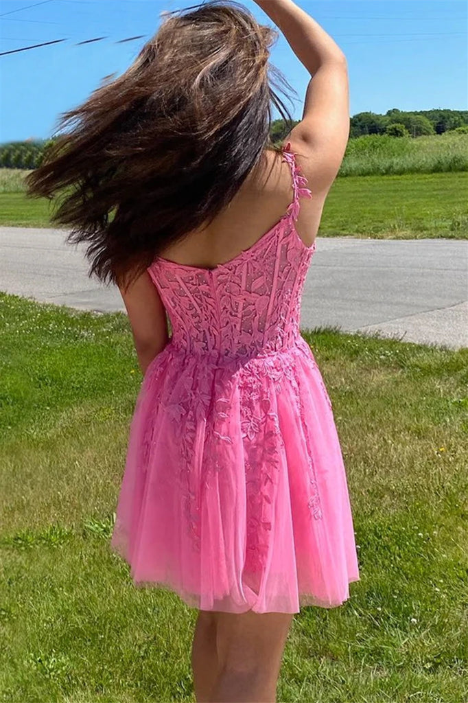 A Line Hot Pink Lace Appliques School Party Dress Short Homecoming Dress OK1601