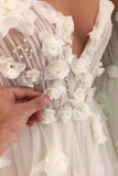 A Line Sweetheart Hand-Made Flowers Beaded Bridal Gowns Tulle Long Wedding Dress OK1131