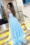 A Line V Neck Light Blue Lace Appliqued Long Prom Dresses, Spaghrtti Straps Evening Party Dresses OKZ57