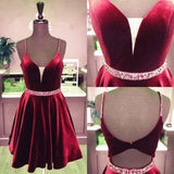 A Line V Neck Beaded Burgundy Velvet Prom Dresses, Short Maroon Homecoming Dresses with Belt OK1709