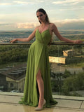 A Line V Neck Green Chiffon Long Prom Dresses with Leg Slit,  Formal Graduation Evening Dresses OK1723